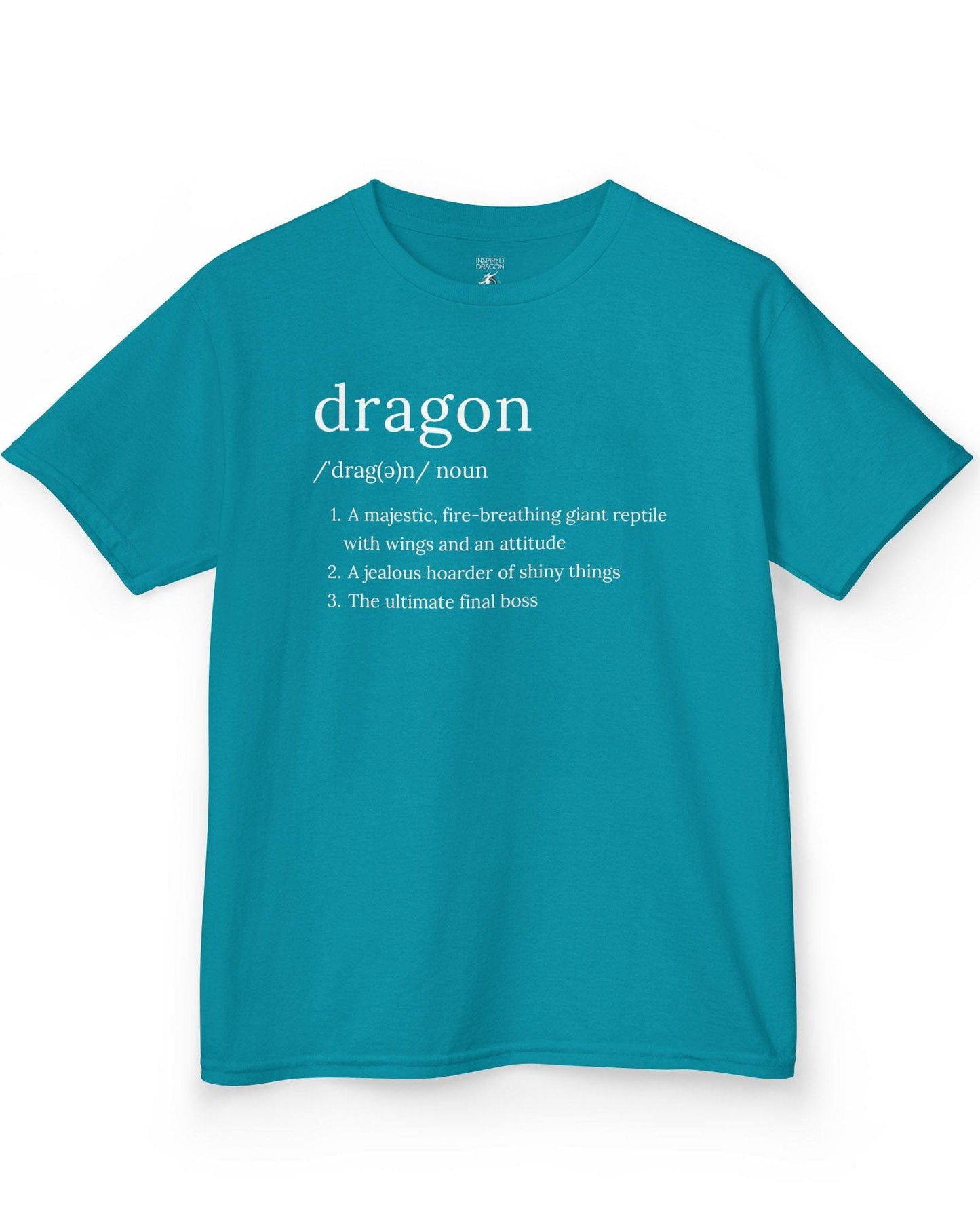 Dragon Definition shirt in tropical blue featuring a humorous dictionary-style definition of a dragon with witty descriptions