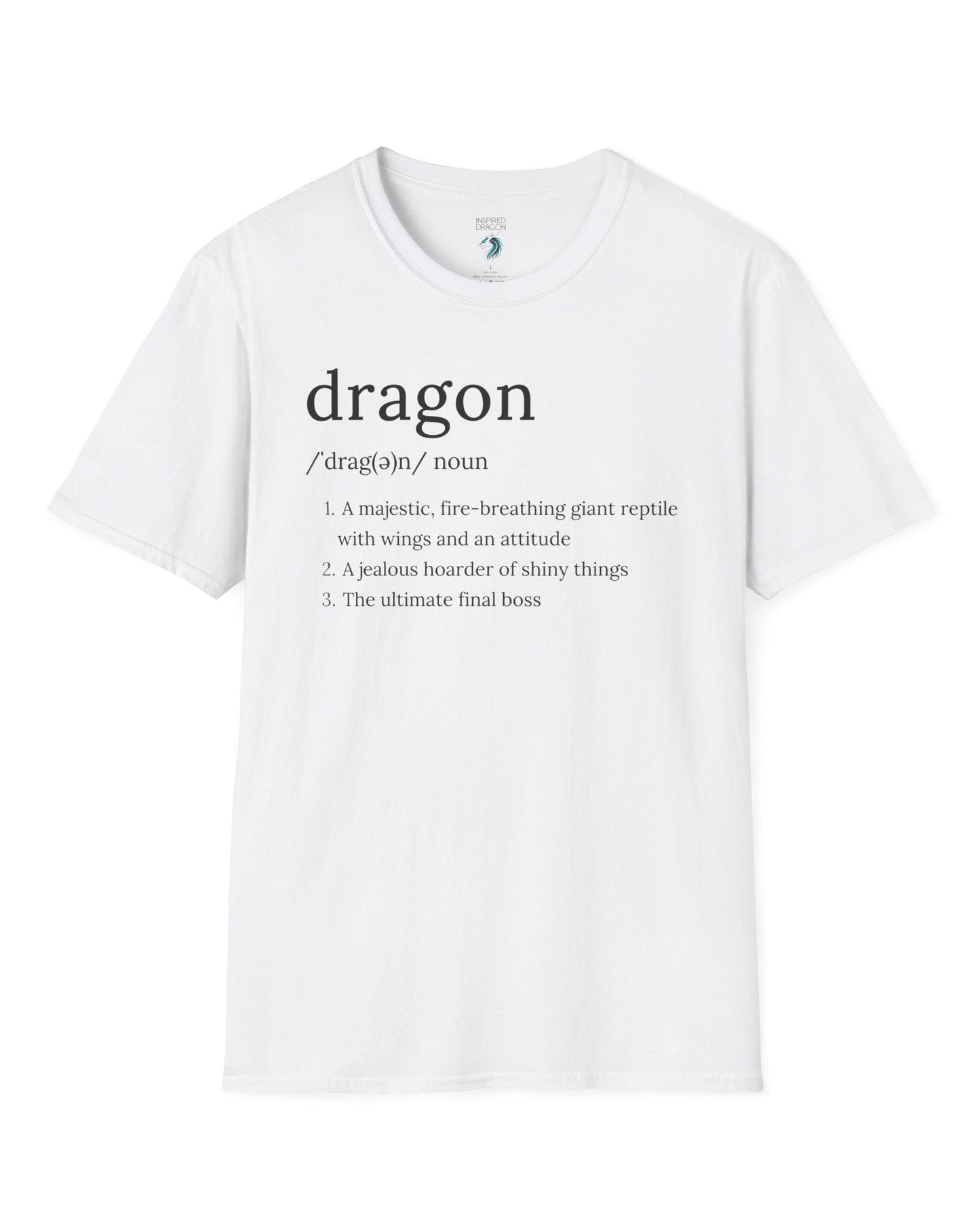 Dragon Definition shirt in white featuring a humorous dictionary-style definition of a dragon with witty descriptions.
