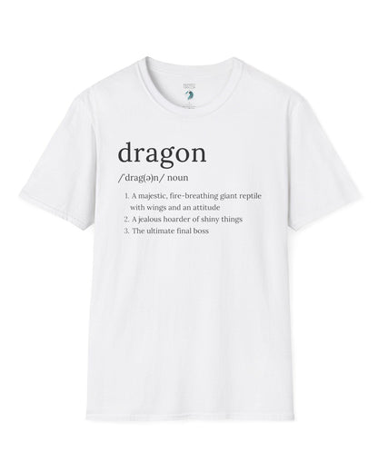 Dragon Definition shirt in white featuring a humorous dictionary-style definition of a dragon with witty descriptions.
