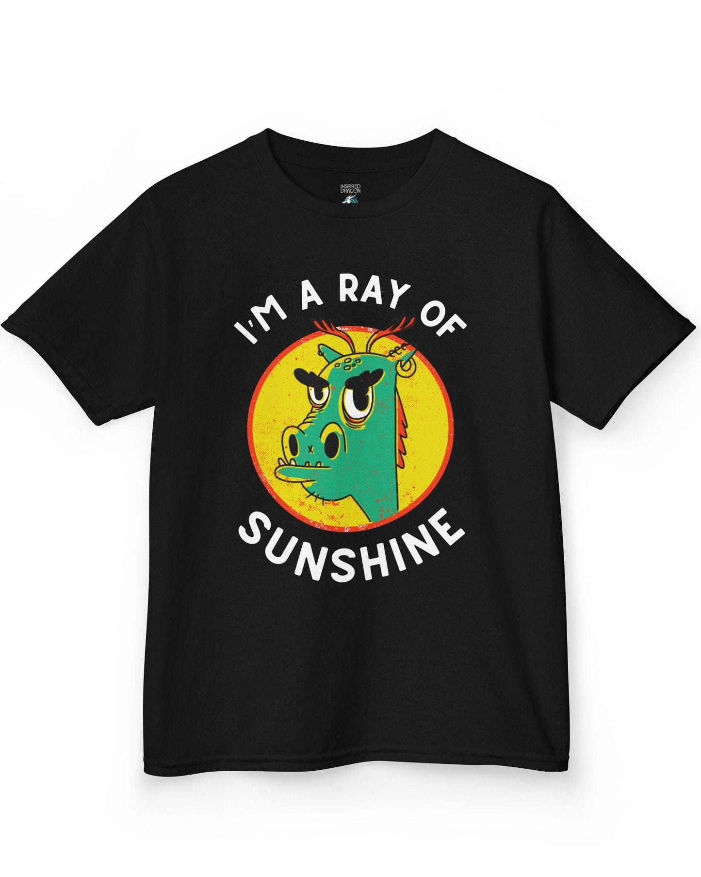 I'm a Ray of Sunshine shirt in black featuring a grumpy cartoon dragon inside a bright yellow circle