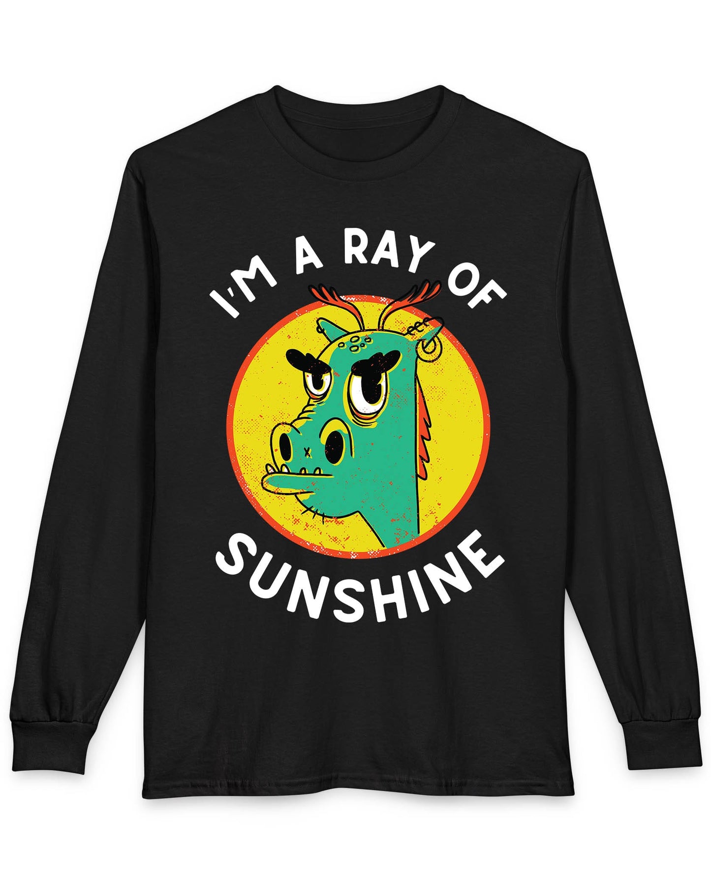 I'm a Ray of Sunshine shirt in black featuring a grumpy cartoon dragon inside a bright yellow circle
