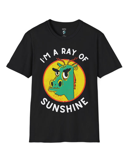 I'm a Ray of Sunshine shirt in black, featuring a grumpy cartoon dragon inside a bright yellow circle.
