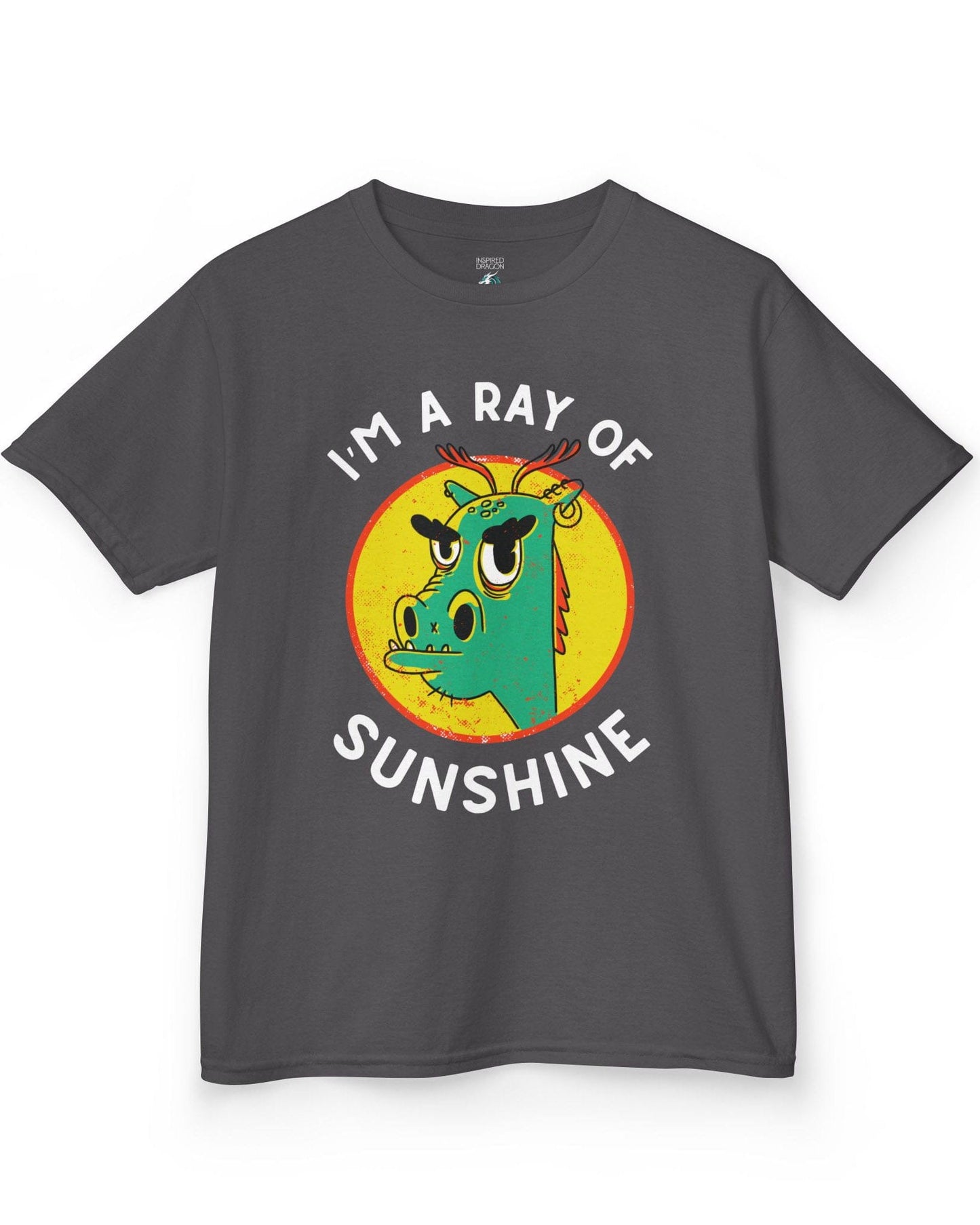 I'm a Ray of Sunshine shirt in charcoal featuring a grumpy cartoon dragon inside a bright yellow circle