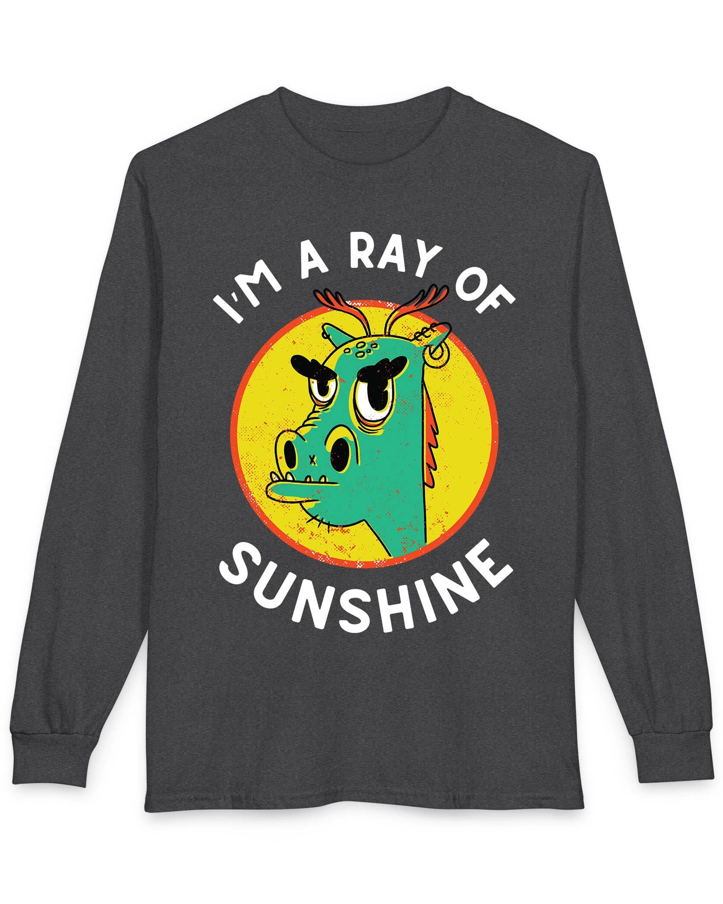 I'm a Ray of Sunshine shirt in dark heather featuring a grumpy cartoon dragon inside a bright yellow circle