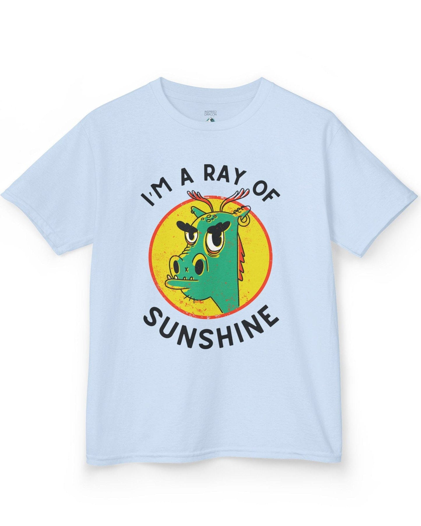 I'm a Ray of Sunshine shirt in light blue featuring a grumpy cartoon dragon inside a bright yellow circle