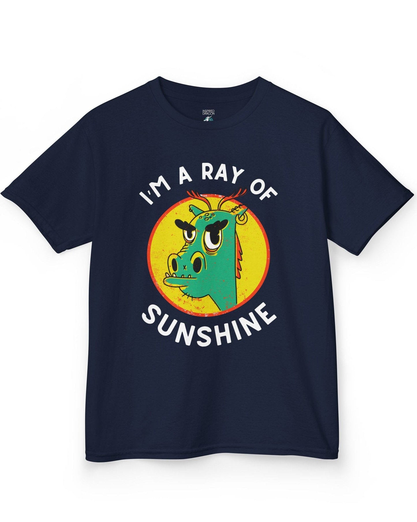 I'm a Ray of Sunshine shirt in navy featuring a grumpy cartoon dragon inside a bright yellow circle