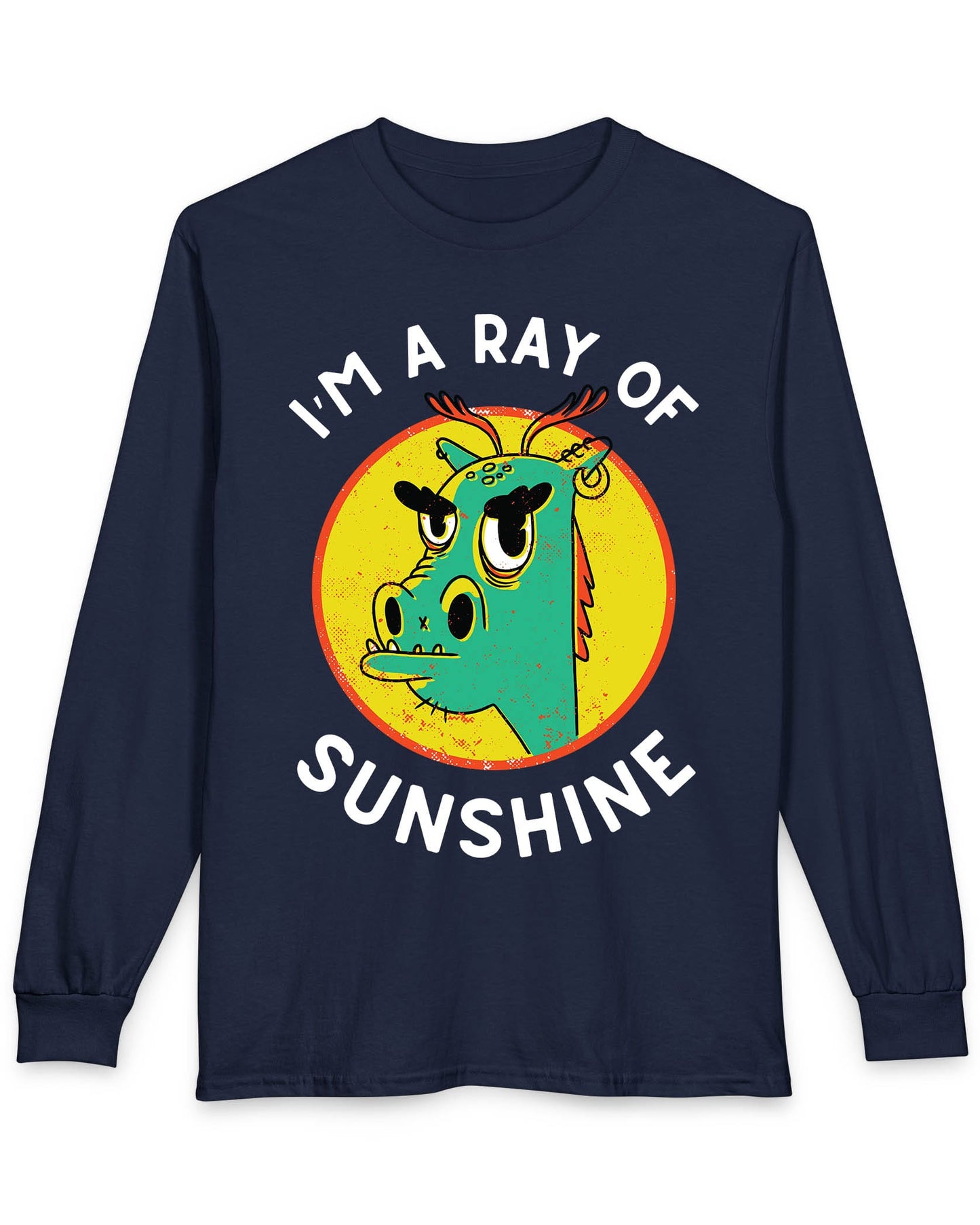I'm a Ray of Sunshine shirt in navy featuring a grumpy cartoon dragon inside a bright yellow circle