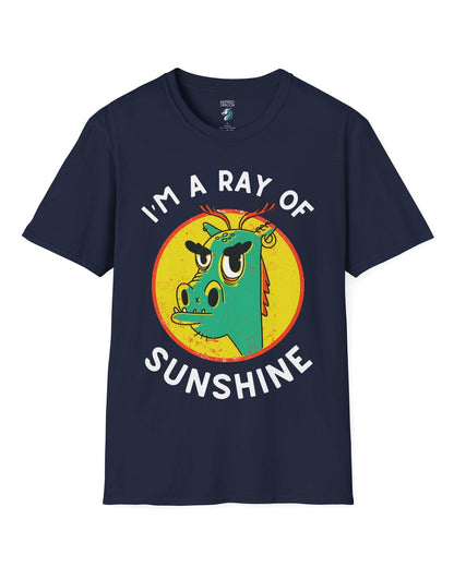 I'm a Ray of Sunshine shirt in navy, featuring a grumpy cartoon dragon inside a bright yellow circle.
