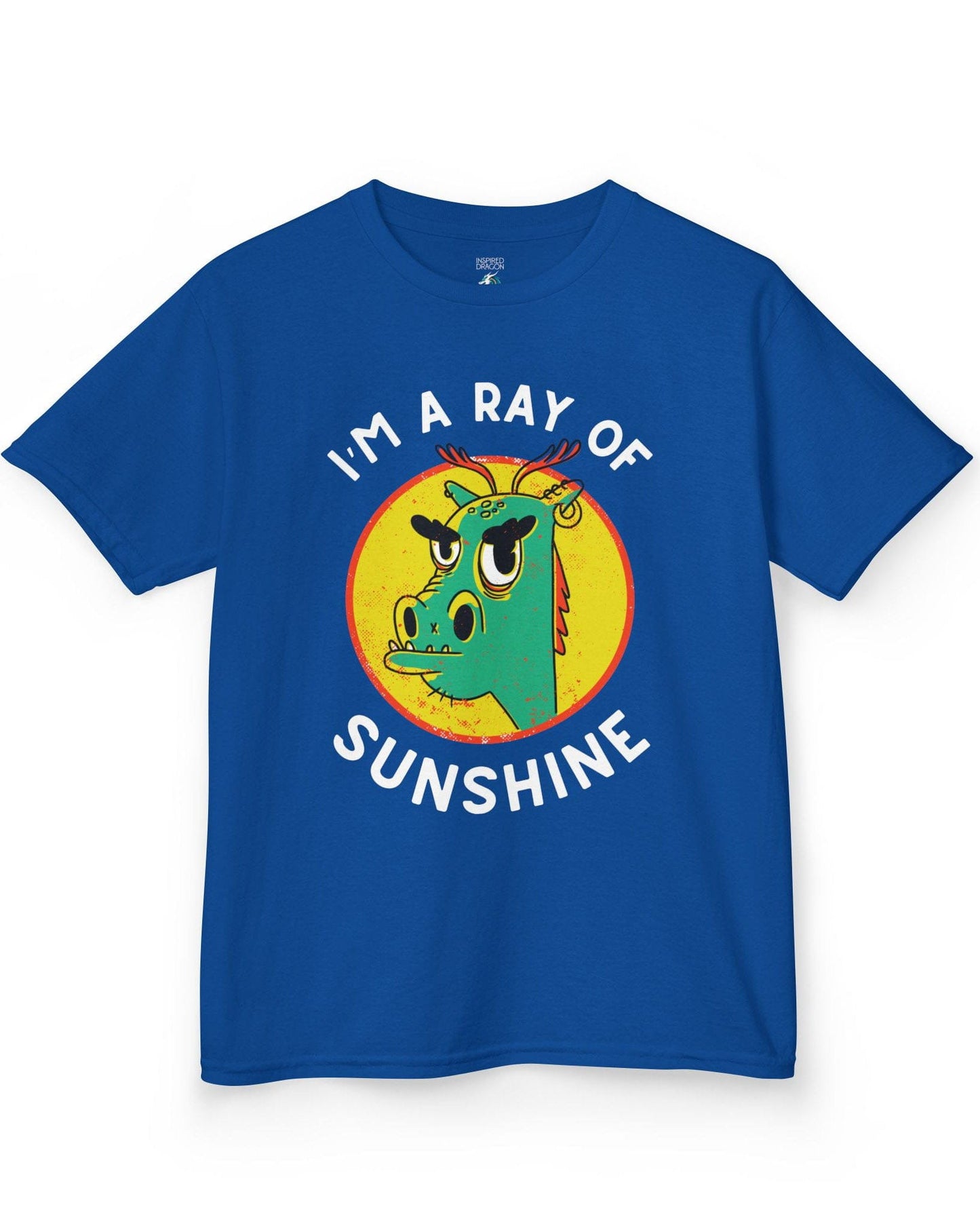 I'm a Ray of Sunshine shirt in royal blue featuring a grumpy cartoon dragon inside a bright yellow circle