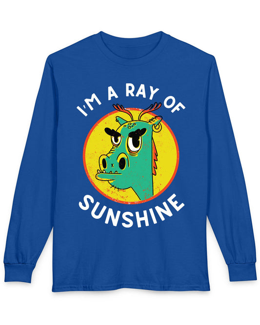 I'm a Ray of Sunshine shirt in royal blue featuring a grumpy cartoon dragon inside a bright yellow circle