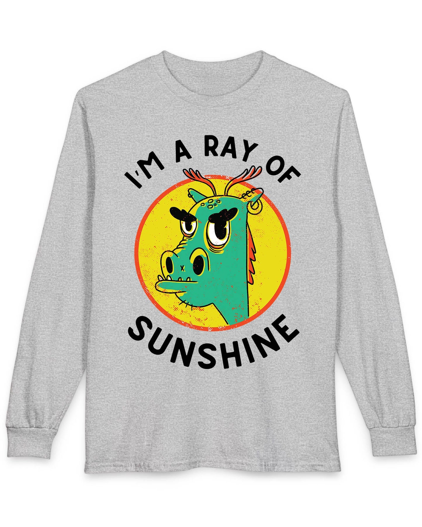 I'm a Ray of Sunshine shirt in sport grey featuring a grumpy cartoon dragon inside a bright yellow circle