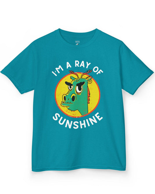 I'm a Ray of Sunshine shirt in tropical blue featuring a grumpy cartoon dragon inside a bright yellow circle