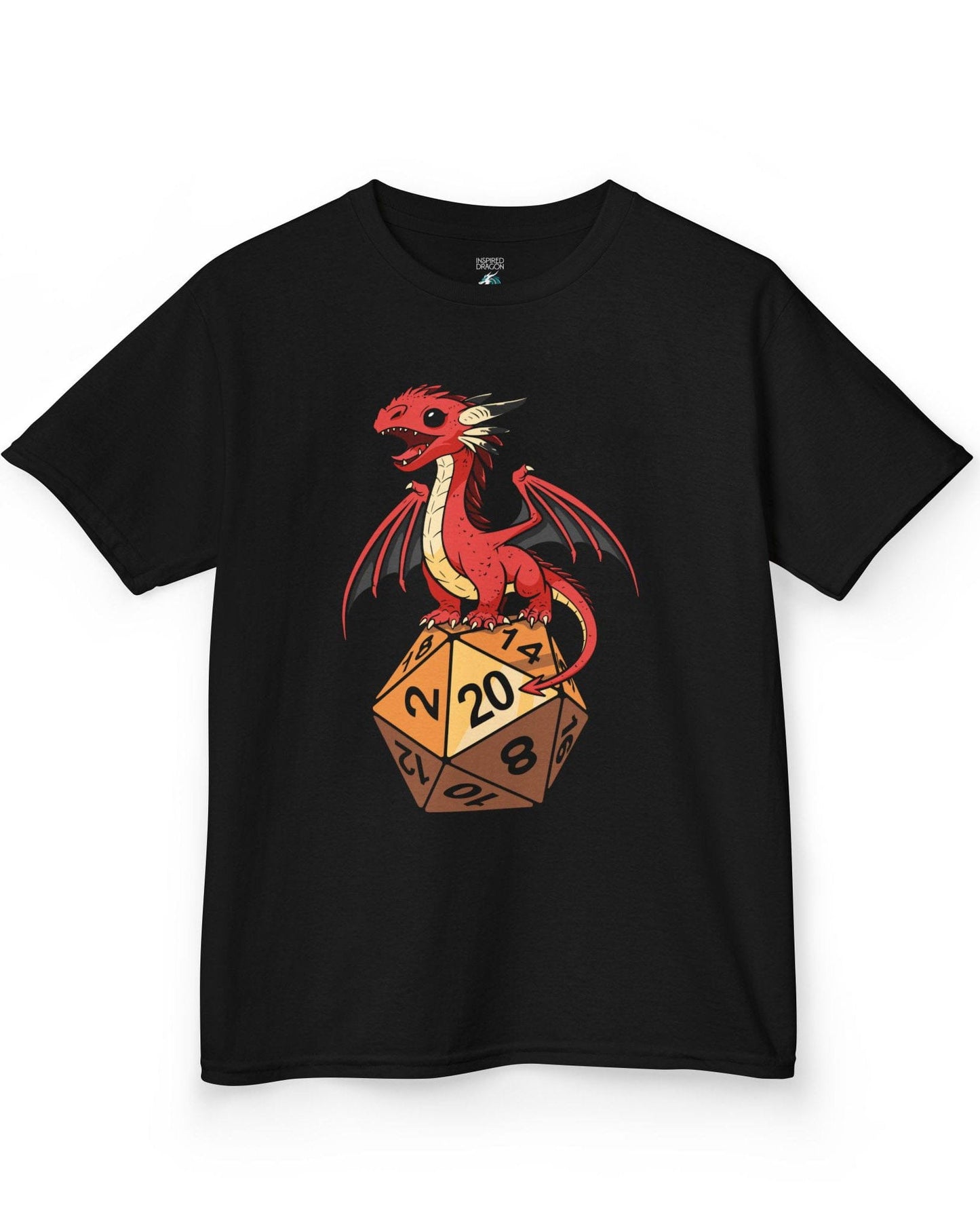 Hatchling's Luck shirt in black featuring a cute red dragon standing proudly on a d20 die showing a natural 20