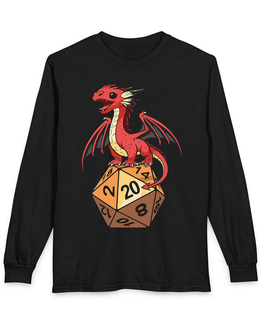 Hatchling's Luck shirt in black featuring a cute red dragon standing proudly on a d20 die showing a natural 20