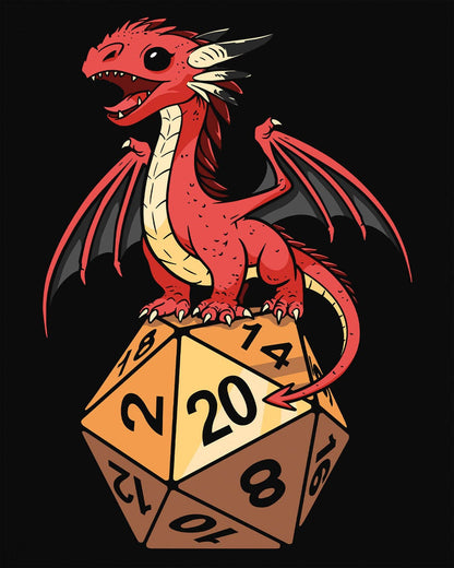 Hatchling's Luck shirt in black featuring a cute red dragon standing proudly on a d20 die showing a natural 20.