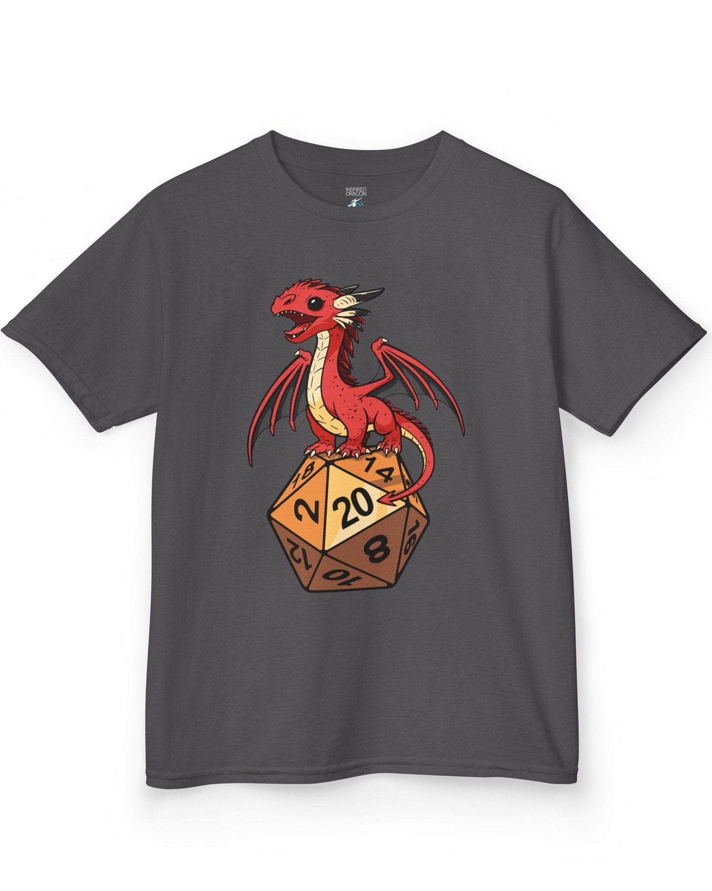 Hatchling's Luck shirt in charcoal featuring a cute red dragon standing proudly on a d20 die showing a natural 20