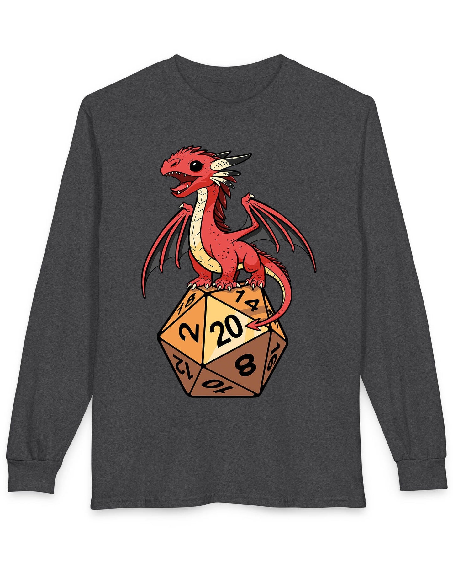 Hatchling's Luck shirt in dark heather featuring a cute red dragon standing proudly on a d20 die showing a natural 20