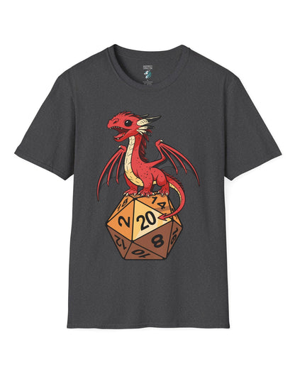 Hatchling's Luck shirt in dark heather grey featuring a cute red dragon standing proudly on a d20 die showing a natural 20.
