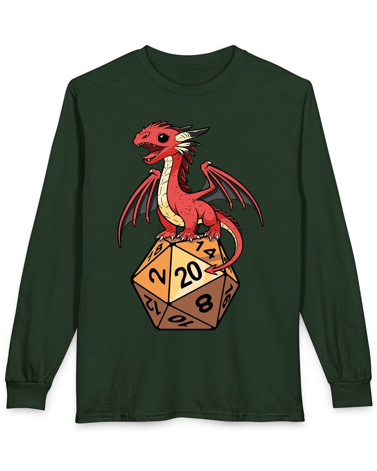 Hatchling's Luck shirt in forest green featuring a cute red dragon standing proudly on a d20 die showing a natural 20