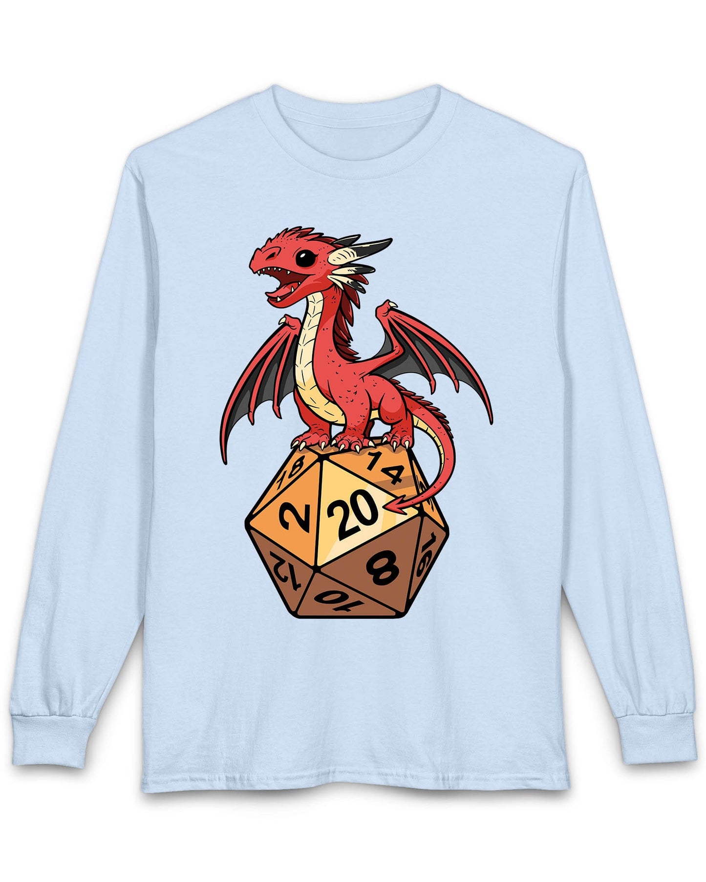 Hatchling's Luck shirt in light blue featuring a cute red dragon standing proudly on a d20 die showing a natural 20