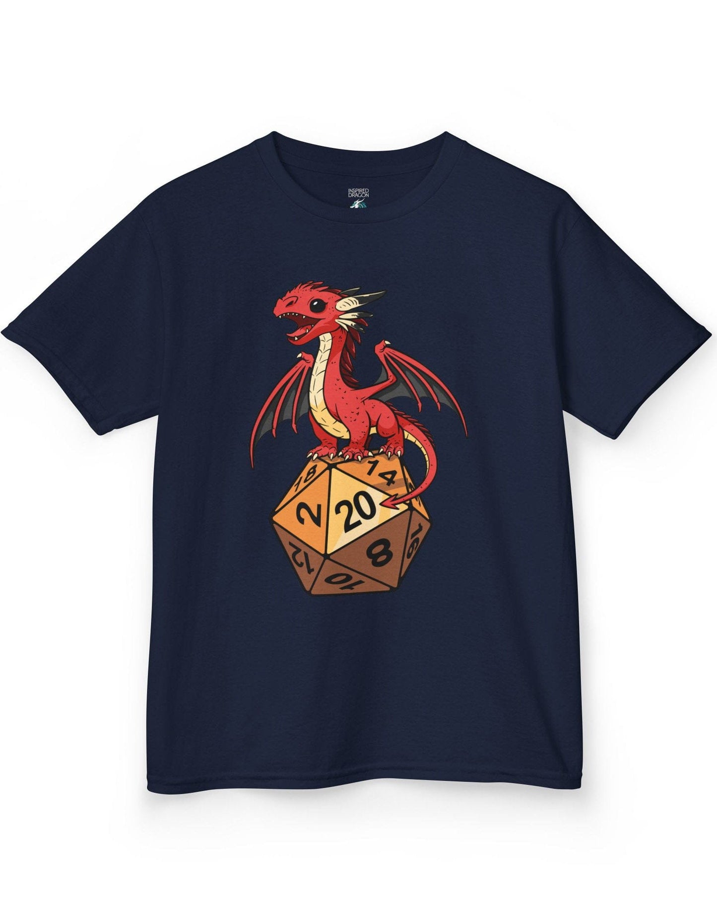 Hatchling's Luck shirt in navy featuring a cute red dragon standing proudly on a d20 die showing a natural 20