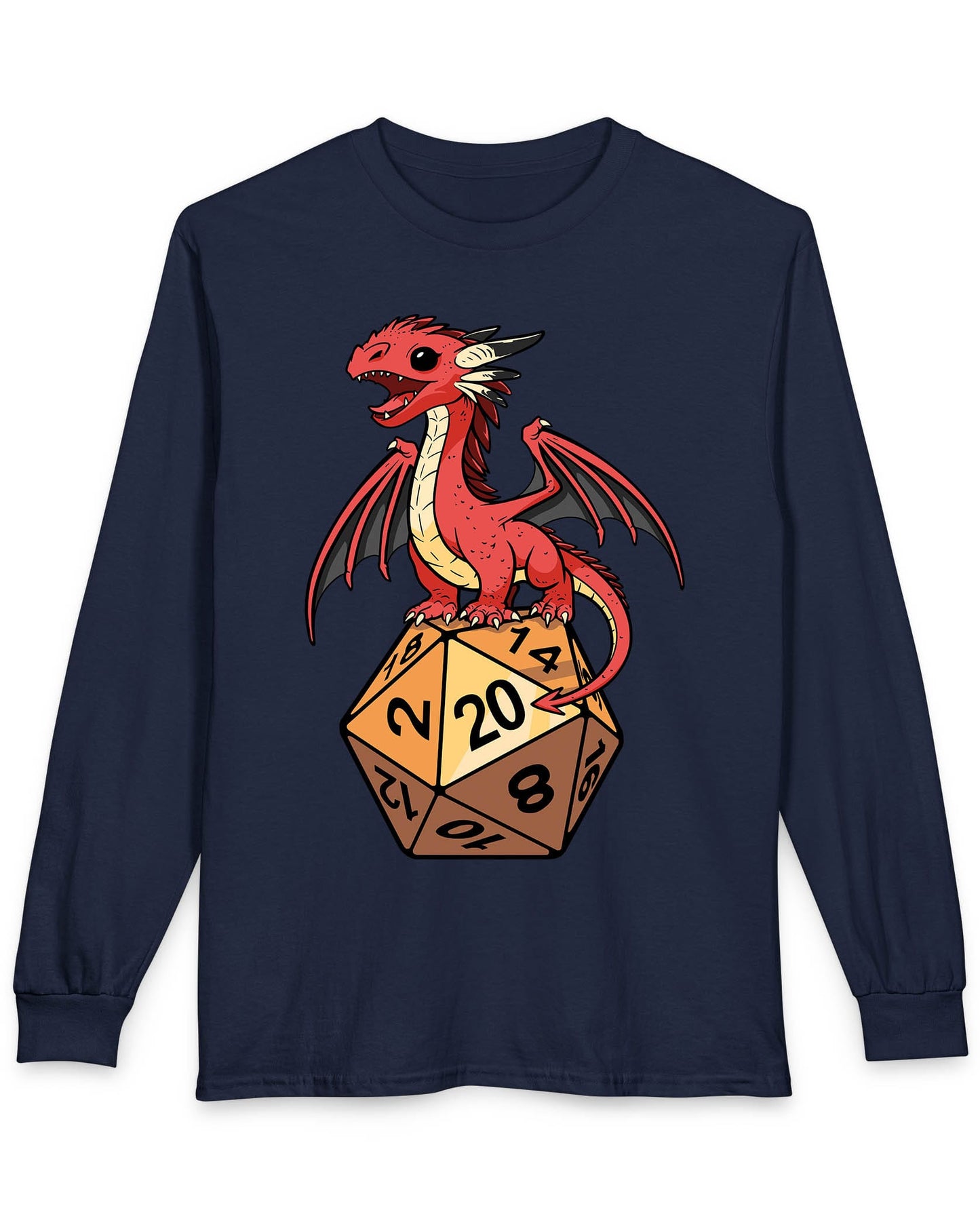 Hatchling's Luck shirt in navy featuring a cute red dragon standing proudly on a d20 die showing a natural 20