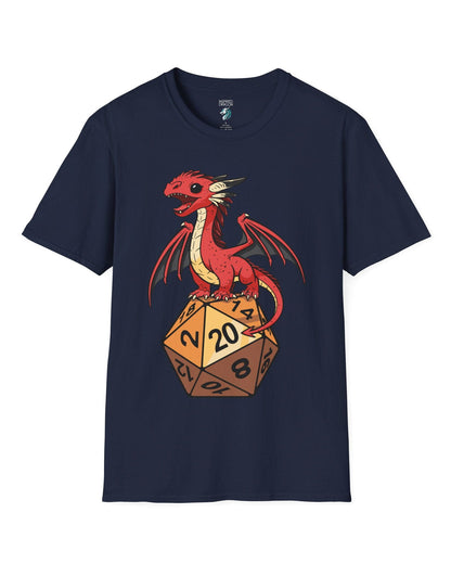 Hatchling's Luck shirt in navy featuring a cute red dragon standing proudly on a d20 die showing a natural 20.
