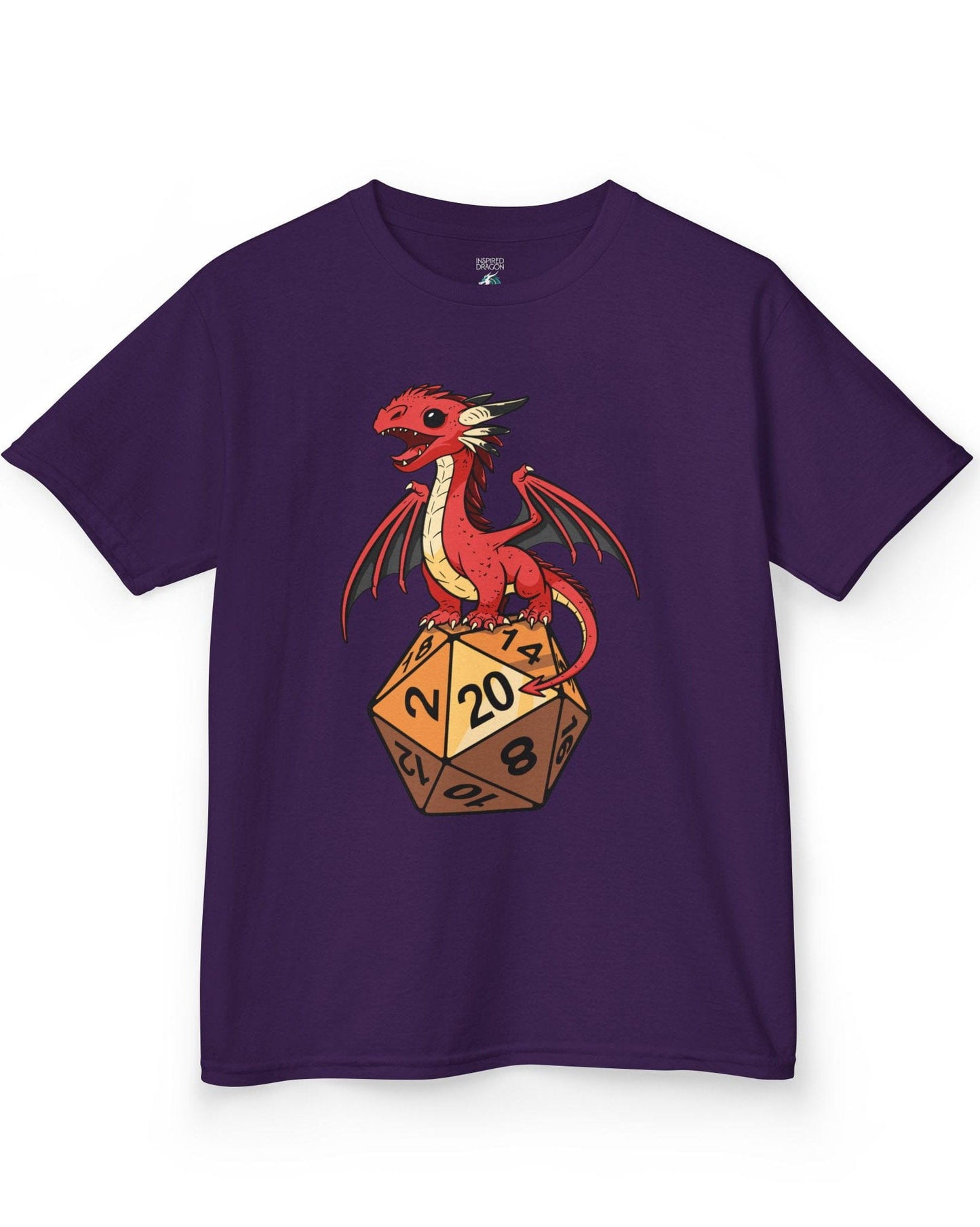 Hatchling's Luck shirt in purple featuring a cute red dragon standing proudly on a d20 die showing a natural 20