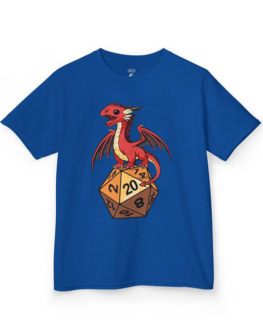 Hatchling's Luck shirt in royal blue featuring a cute red dragon standing proudly on a d20 die showing a natural 20