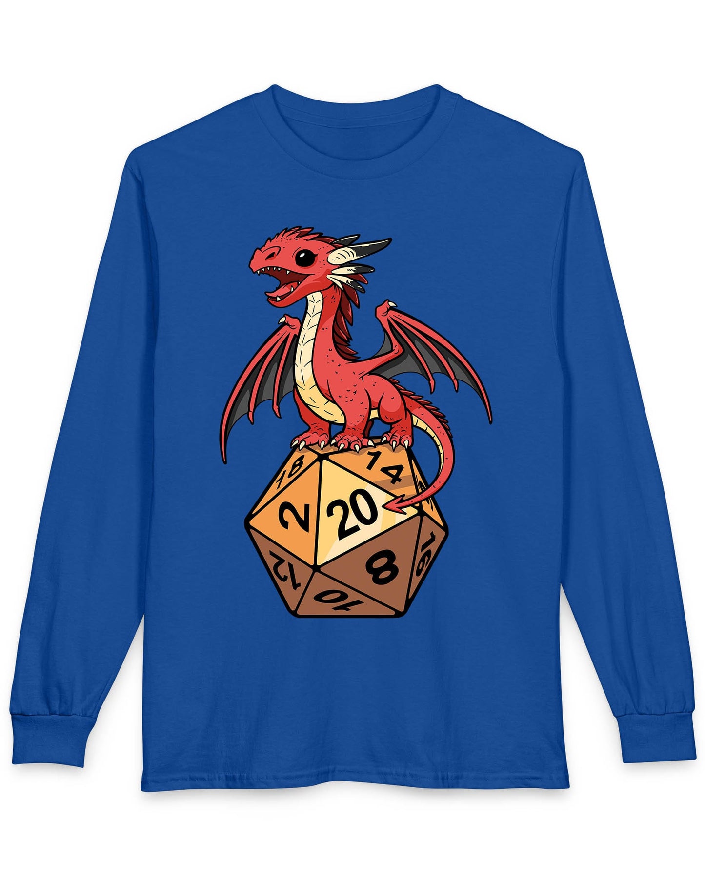 Hatchling's Luck shirt in royal blue featuring a cute red dragon standing proudly on a d20 die showing a natural 20