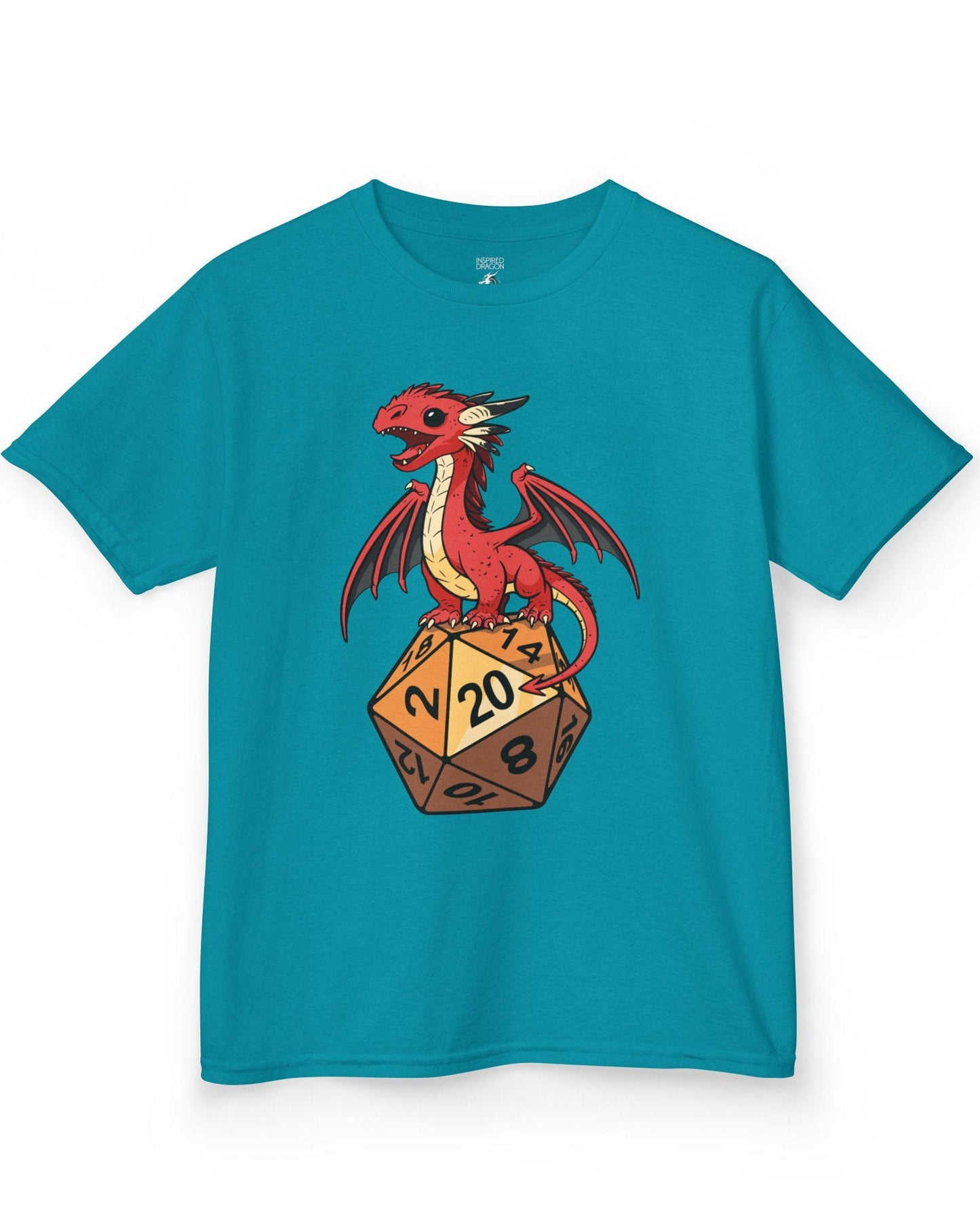 Hatchling's Luck shirt in tropical blue featuring a cute red dragon standing proudly on a d20 die showing a natural 20