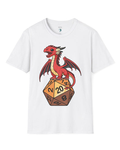 Hatchling's Luck shirt in white featuring a cute red dragon standing proudly on a d20 die showing a natural 20.
