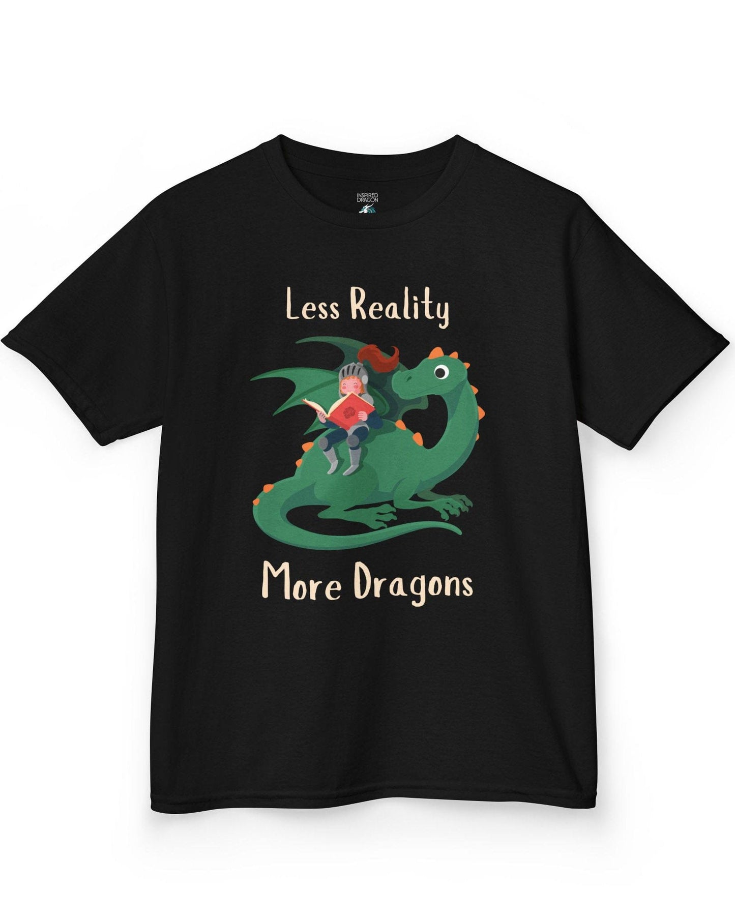 Less Reality, More Dragons shirt in black featuring a knight reading a book while riding a friendly green dragon.