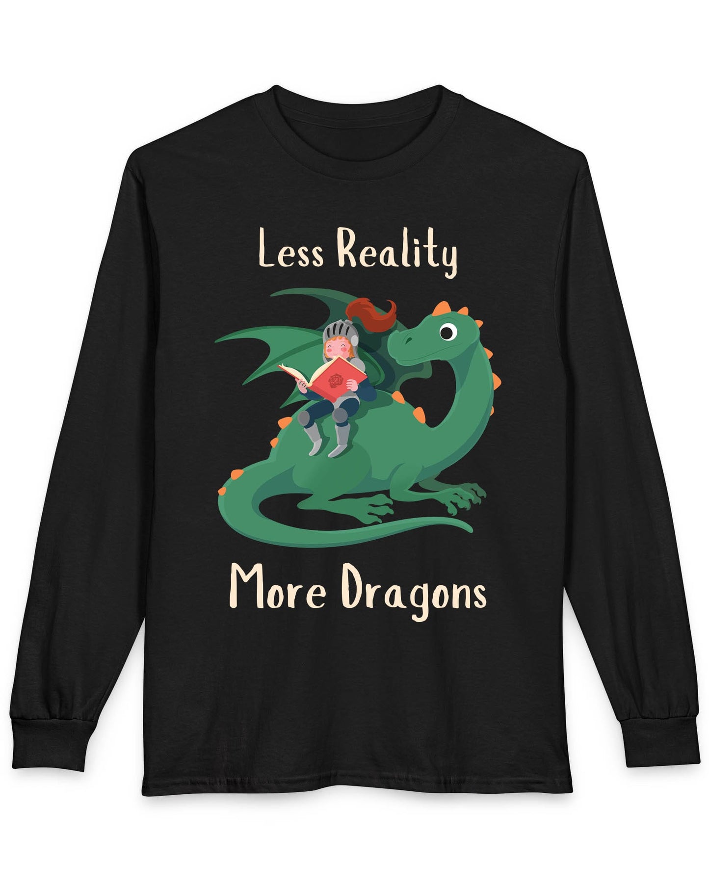 Less Reality, More Dragons shirt in black featuring a knight reading a book while riding a friendly green dragon