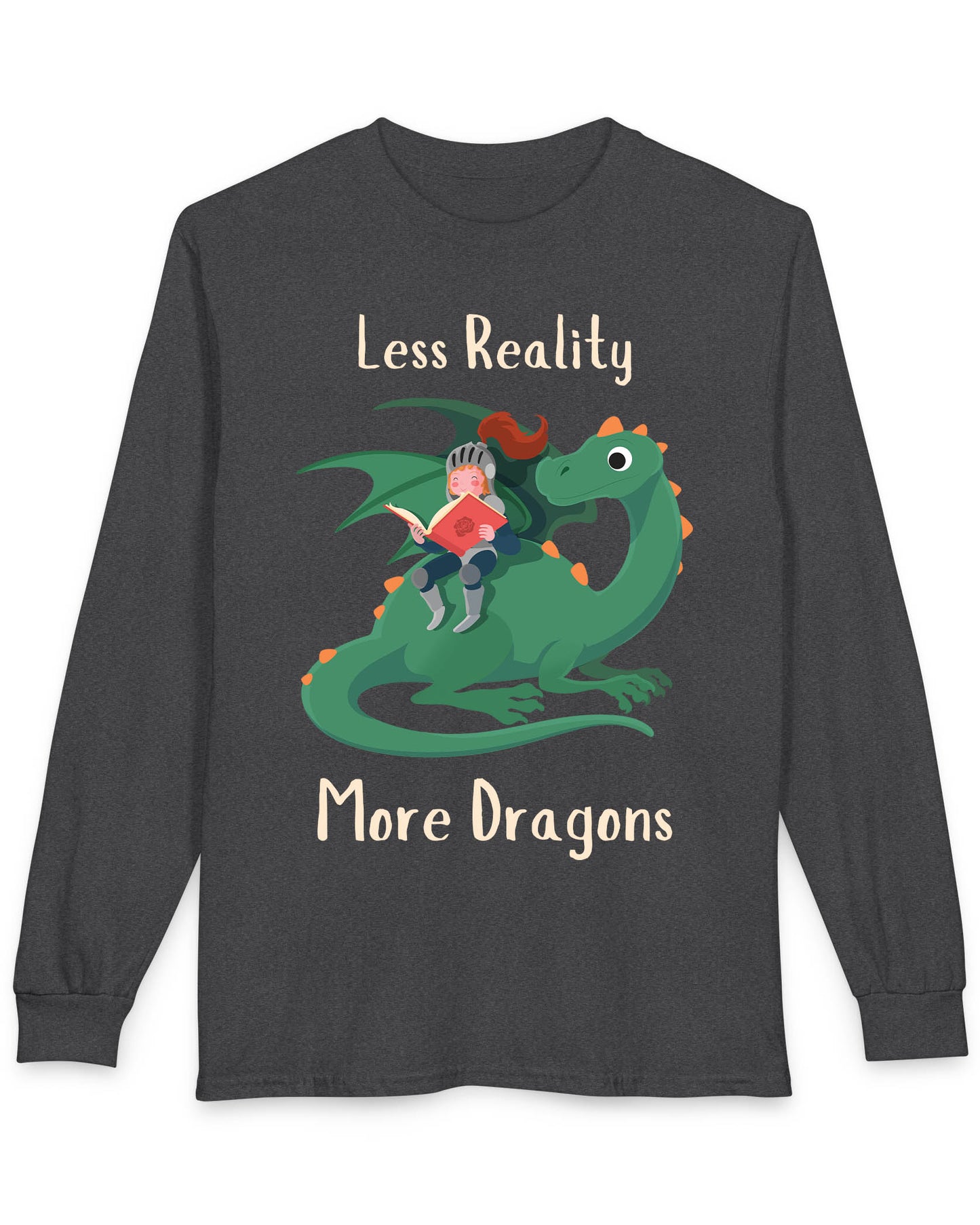 Less Reality, More Dragons shirt in dark heather featuring a knight reading a book while riding a friendly green dragon