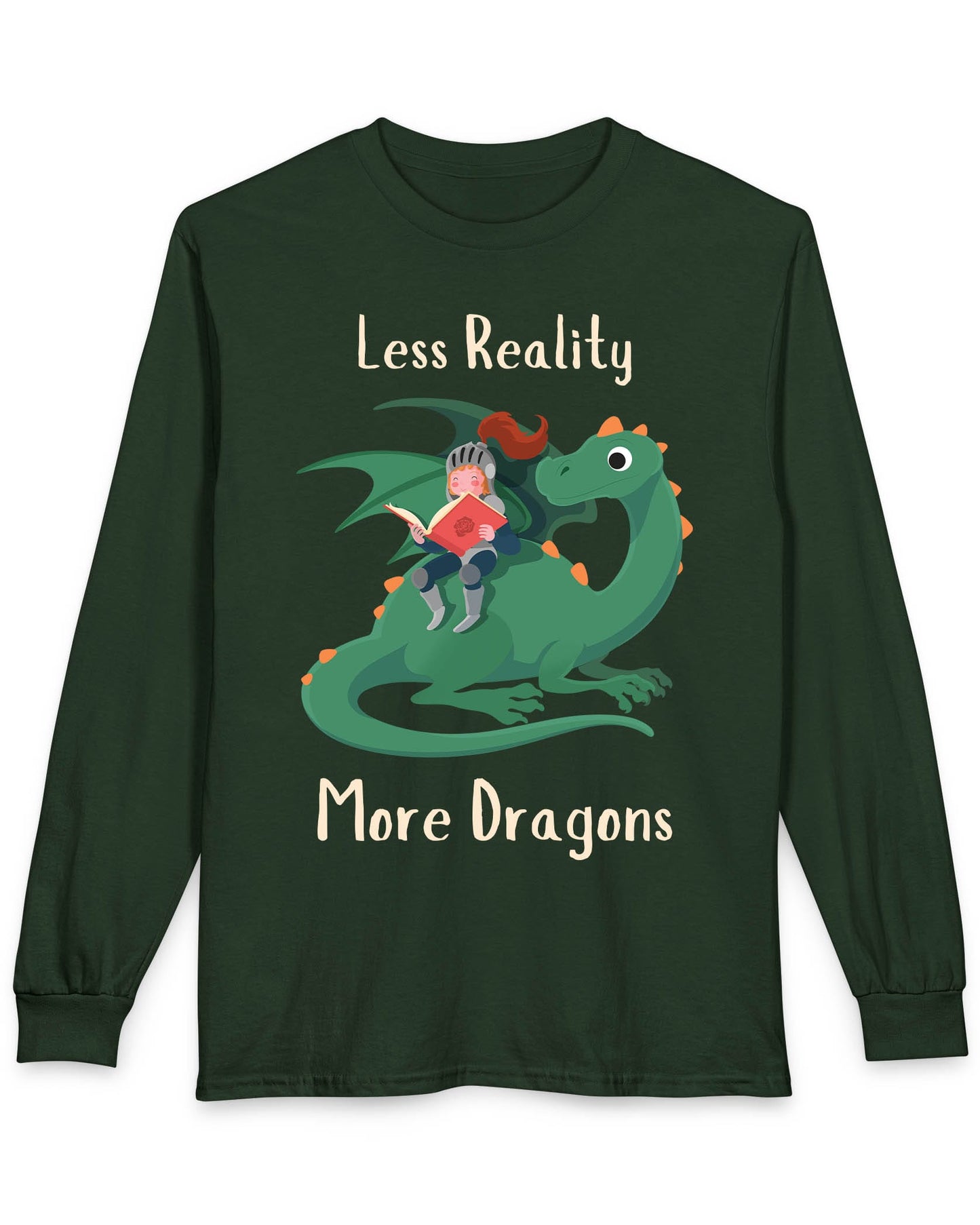 Less Reality, More Dragons shirt in forest green featuring a knight reading a book while riding a friendly green dragon