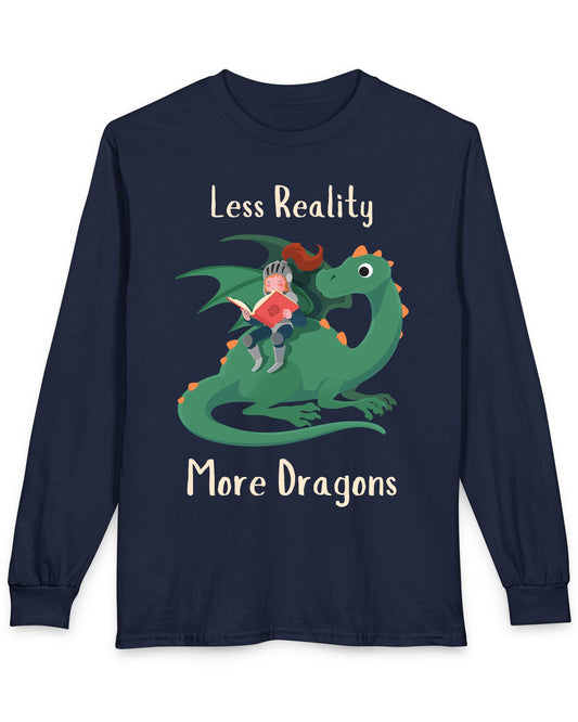 Less Reality, More Dragons shirt in navy featuring a knight reading a book while riding a friendly green dragon
