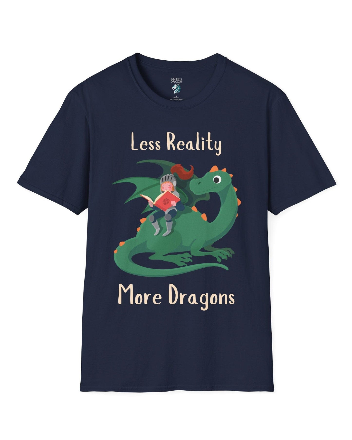 Less Reality, More Dragons shirt in navy featuring a knight reading a book while riding a friendly green dragon.

