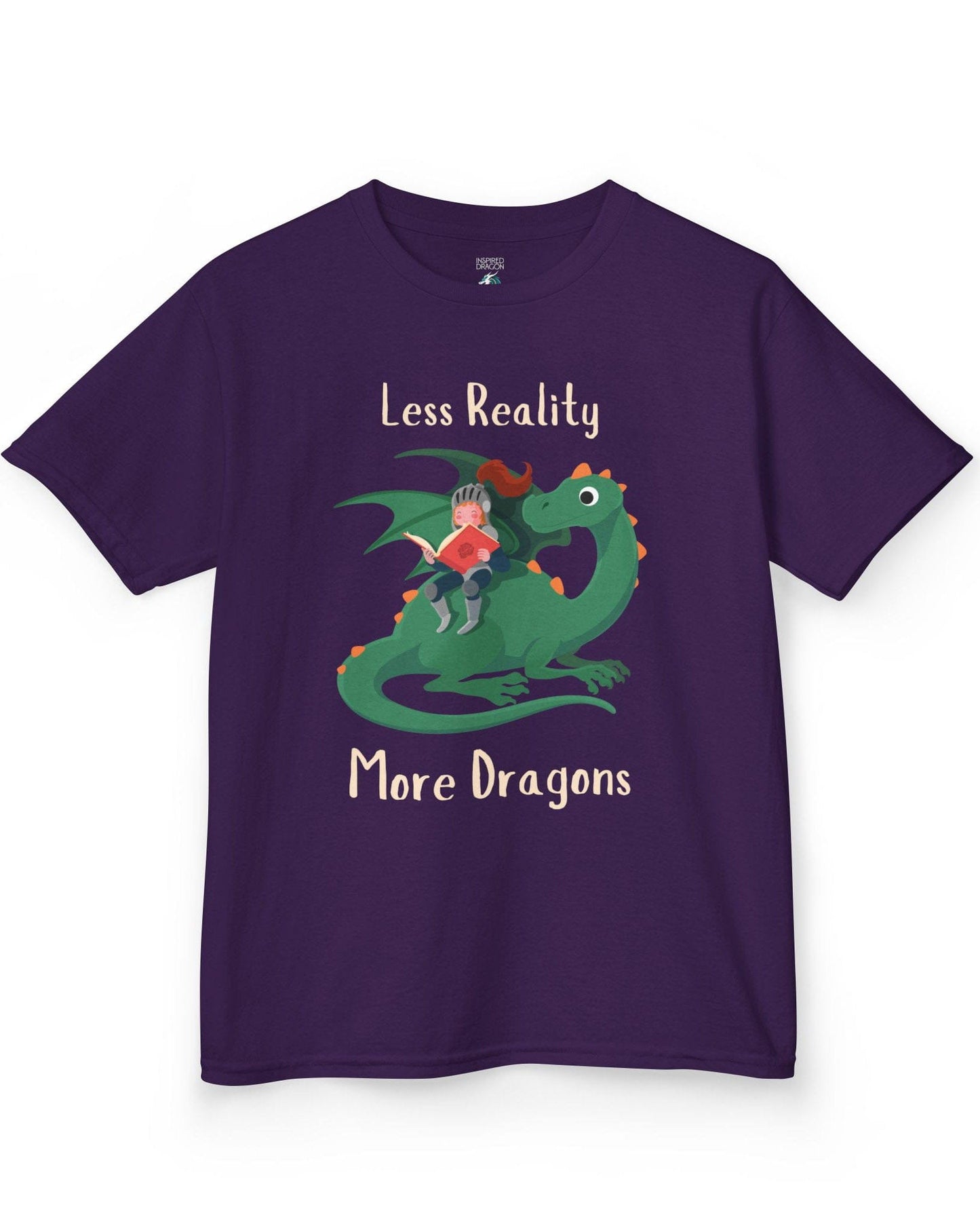 Less Reality, More Dragons shirt in purple featuring a knight reading a book while riding a friendly green dragon.
