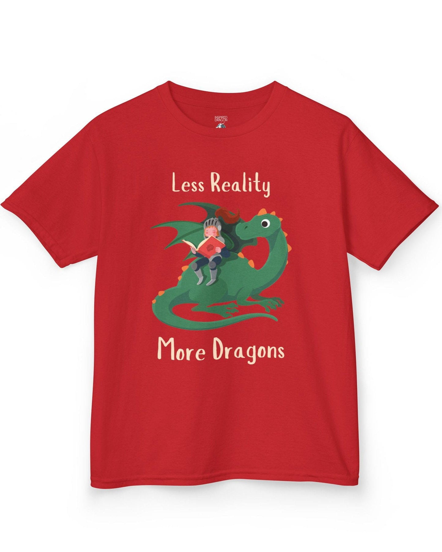 Less Reality, More Dragons shirt in red featuring a knight reading a book while riding a friendly green dragon.