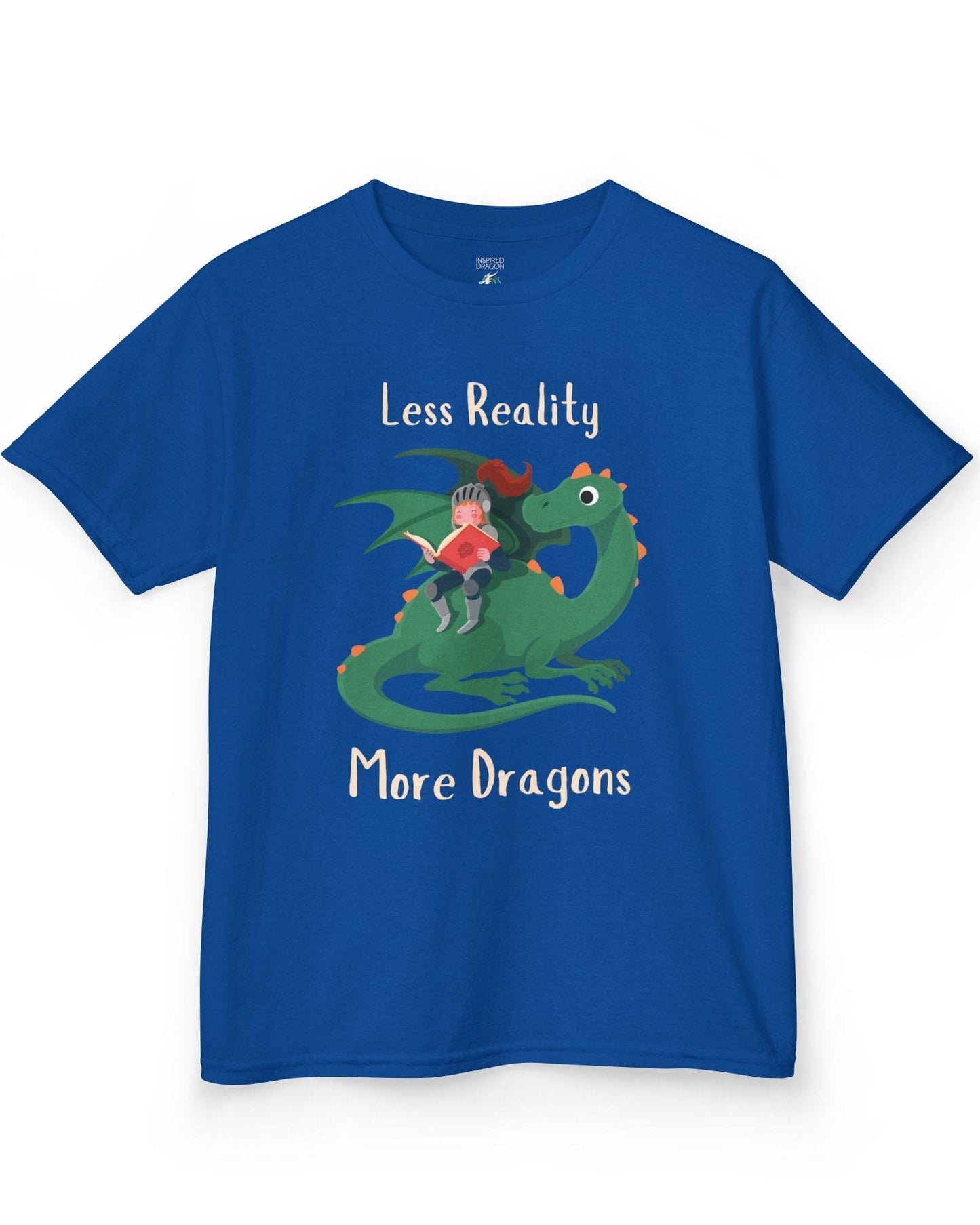 Less Reality, More Dragons shirt in royal blue featuring a knight reading a book while riding a friendly green dragon.