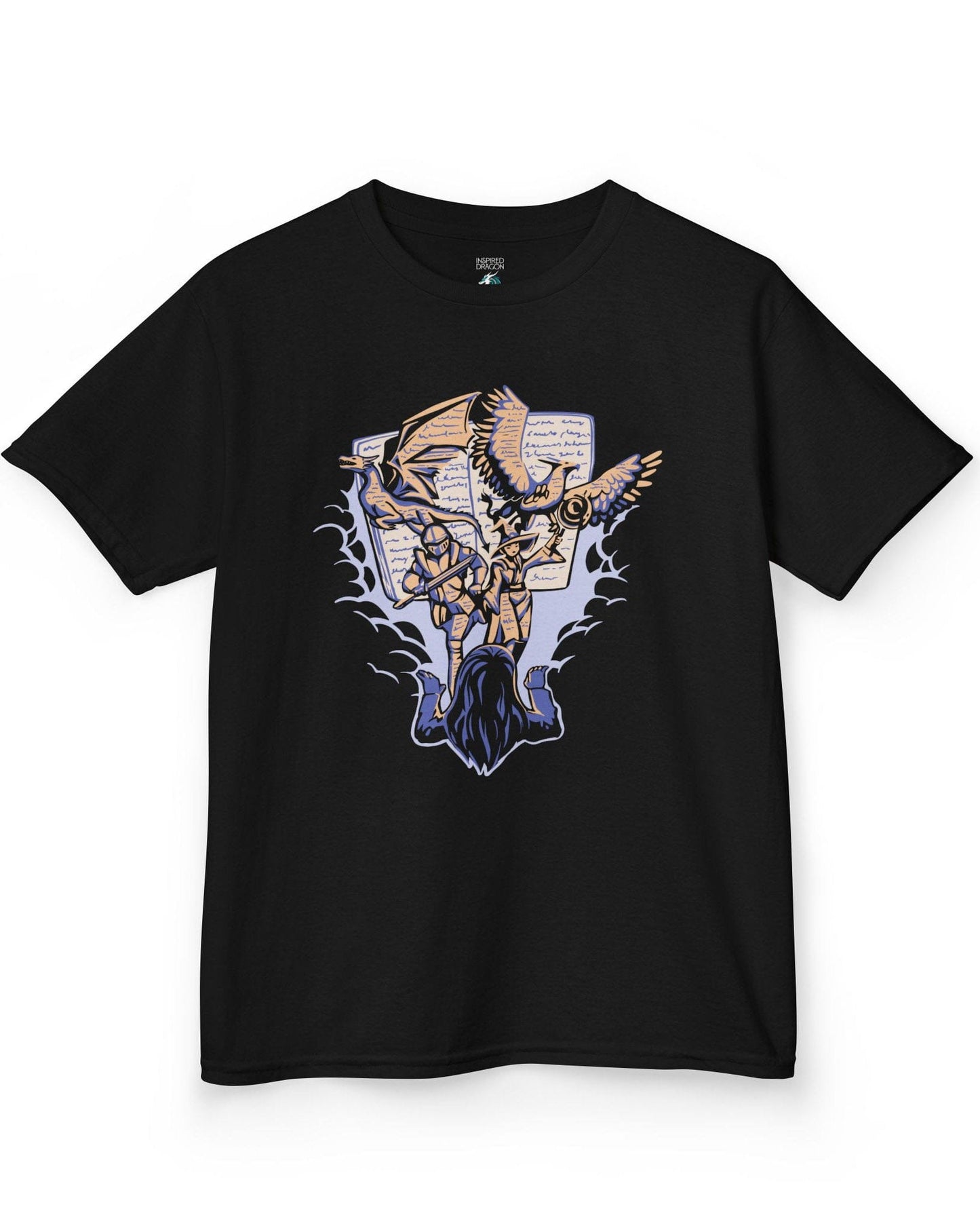 Imagination Unleashed shirt in black featuring a girl reading as a dragon and others burst from the pages