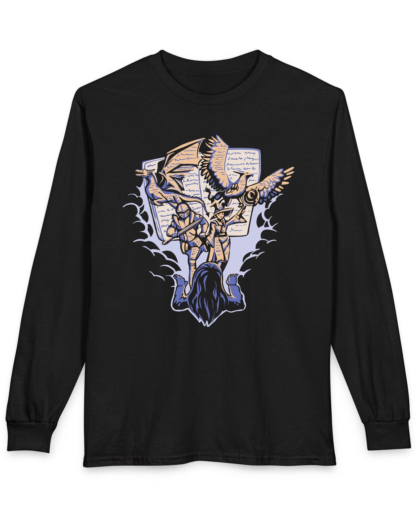 Imagination Unleashed shirt in black featuring a girl reading as a dragon and others burst from the pages