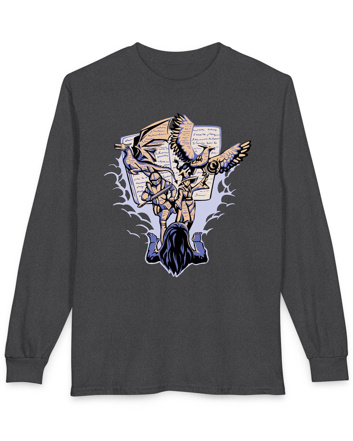 Imagination Unleashed shirt in dark heather featuring a girl reading as a dragon and others burst from the pages