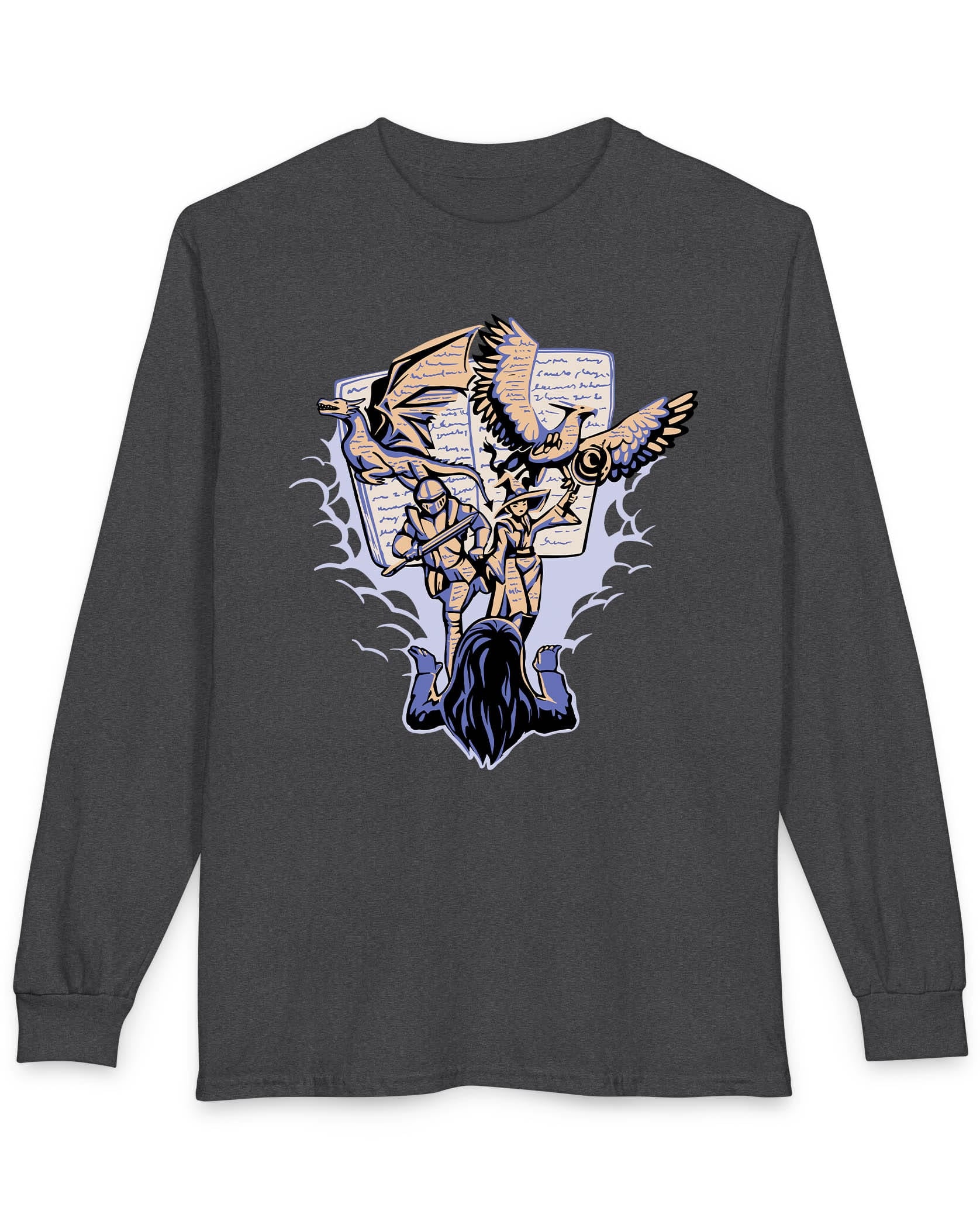 Imagination Unleashed shirt in dark heather featuring a girl reading as a dragon and others burst from the pages