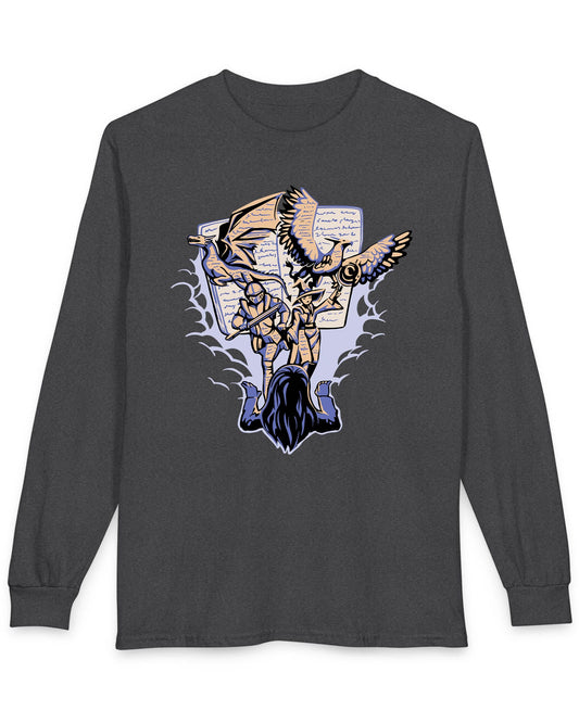 Imagination Unleashed shirt in dark heather featuring a girl reading as a dragon and others burst from the pages