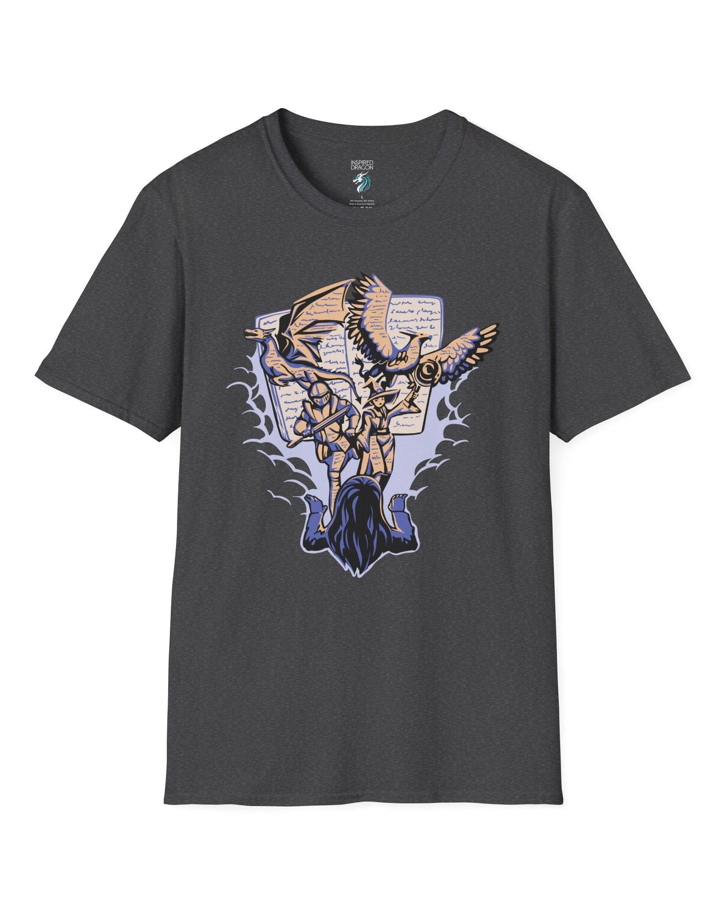 Imagination Unleashed shirt in dark heather grey, featuring a girl reading as a dragon and others burst from the pages.
