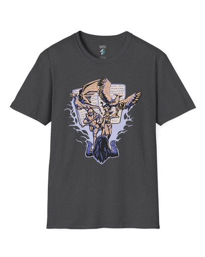 Imagination Unleashed shirt in dark heather grey, featuring a girl reading as a dragon and others burst from the pages.
