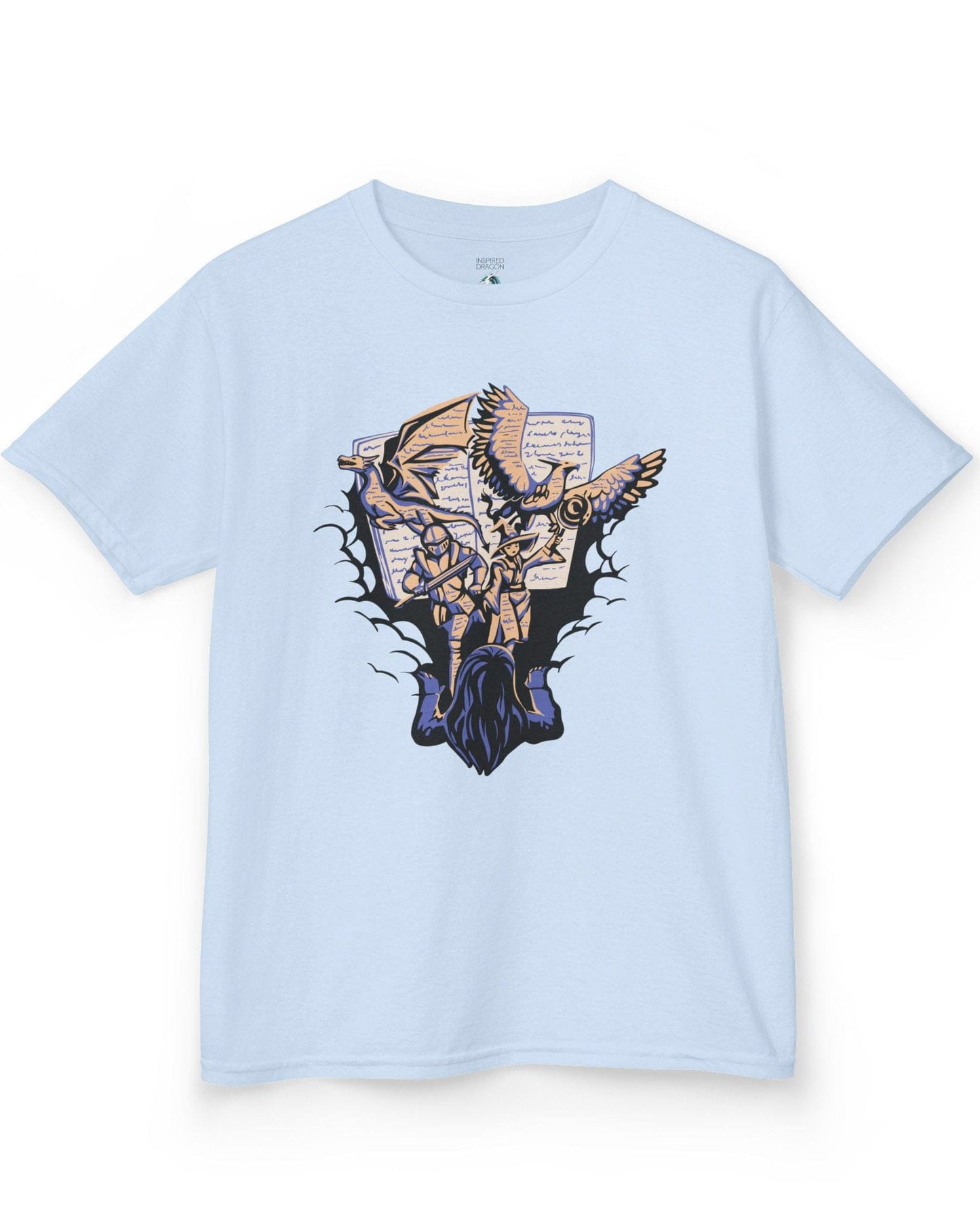 Imagination Unleashed shirt in light blue featuring a girl reading as a dragon and others burst from the pages