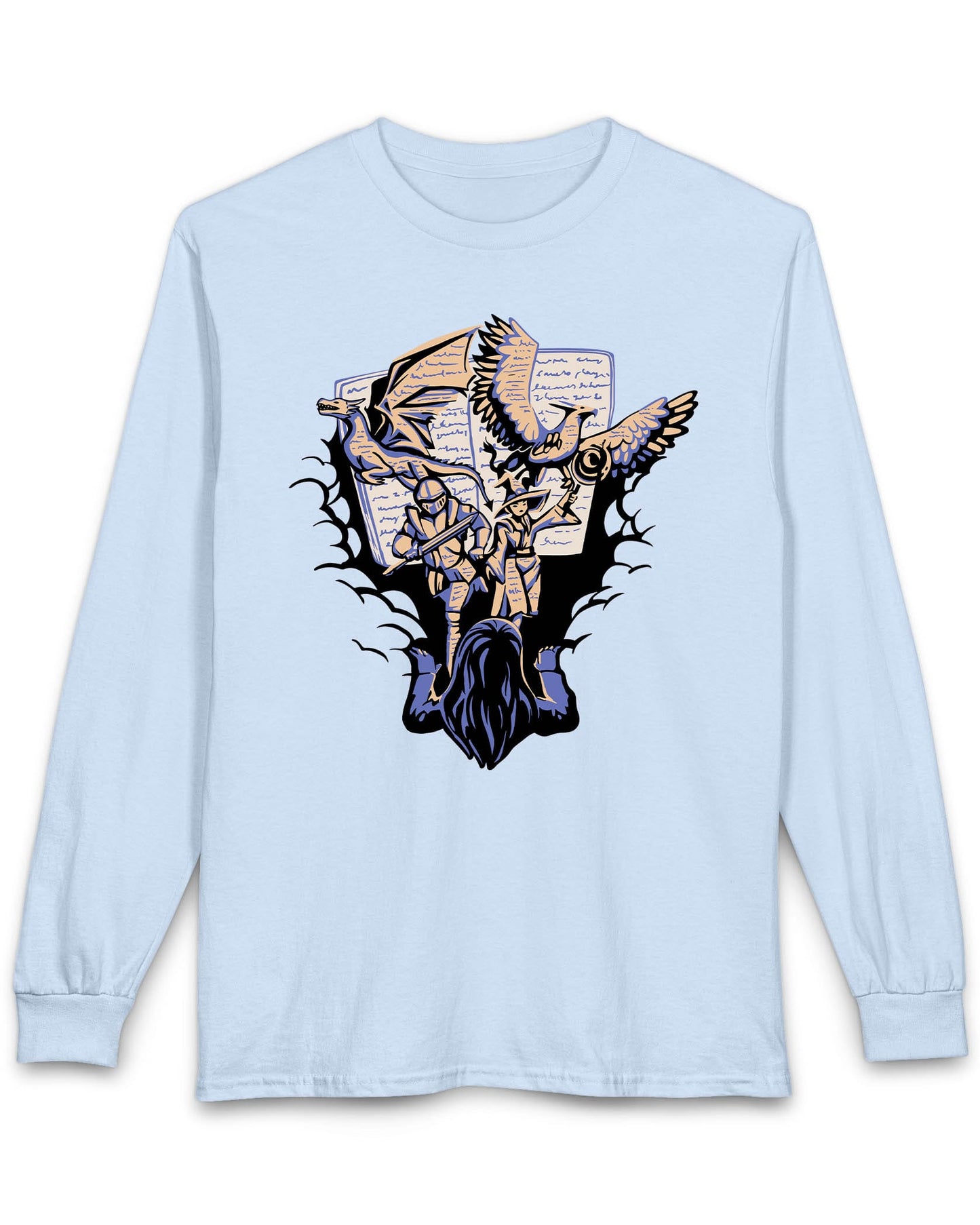 Imagination Unleashed shirt in light blue featuring a girl reading as a dragon and others burst from the pages